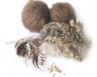 Brown Shetland Roving, Cotswold curls, Grey Chinchilla Rooster Feathers, and Tan African Glass Beads - 5 ounces