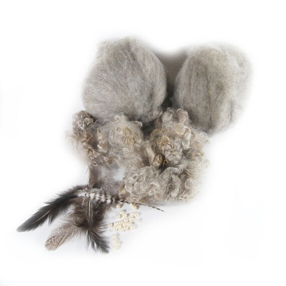 Cotswold curls Furnace Red Rooster Feathers 5 ounces Black Shetland Roving and Silver Beads