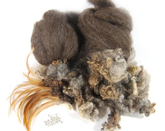 Black Shetland Roving,  Cotswold curls, Furnace Red Rooster Feathers, and Silver Beads - 5 ounces