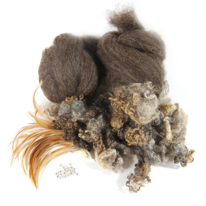 Cotswold curls Furnace Red Rooster Feathers 5 ounces Black Shetland Roving and Silver Beads
