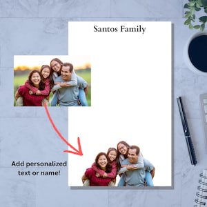 May include: A white paper with the text "Santos Family" at the top. The image includes a family photo and the text "Add personalized text or name!" with a red arrow pointing to the photo.