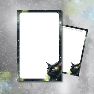 May include: Two white notepads with a black cat illustration in the corner. The notepads have a dark green and blue border with a starry background. One notepad has the text "ADD A NAME OR TEXT!"