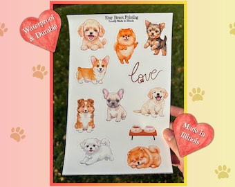 Cute Puppy love Sticker Sheet | Dog Stickers |  Waterproof Decals, Kawaii Puppies, Planner Stickers | Gift for Dog Lovers