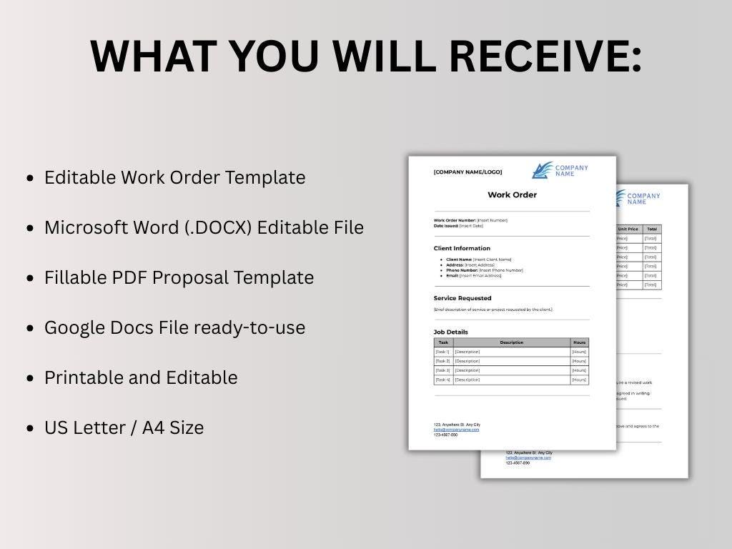 Work Order Template | Editable Service Work Form | Word, Google Docs ...