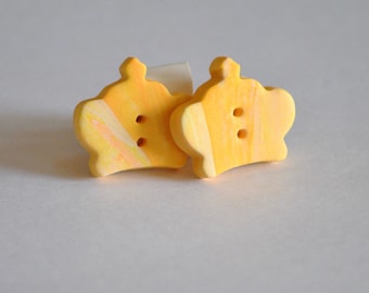 Set of 2 Yellow, Orange, and White Crown Shaped Buttons - Handmade Clay Buttons