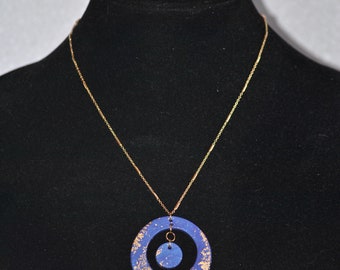 Handmade Polymer Clay Necklace with Gold Leafing -  Blue Circle Necklace - Unique necklace - Delicate Clay Necklace