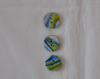 7/8 inch Round Starry Starry Night Buttons - Set of 3 - Blue Yellow and White striped