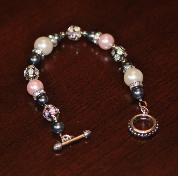Hand Beaded Pearl Bracelet - Black, White, and Pink pearls with Crystal accents - Faux Pearl bracelet