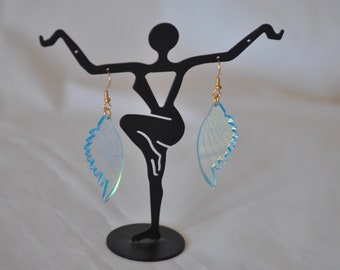 Acrylic Fairy Earrings - Clear Blue Wing Earrings - Feather Wing Earrings - Rainbow Acrylic Earrings