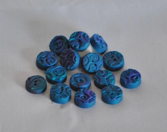 5/8 inch Swirled Buttons - Hand Blended Unique Buttons - Set of 15 - Large Set Blue and Purple colored buttons - Bulk Buttons