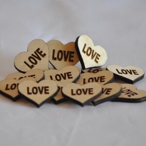 Set of 25 - 1 Inch Wooden Love Hearts, Laser engraved Hearts with Love center, Wood Confetti Hearts, Rustic Wedding Decor, Table Decorations