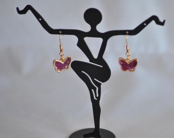 Handmade Resin Pink Glitter Butterfly Earrings - Gold and Pink Glitter Girls Earrings - Fun Gift