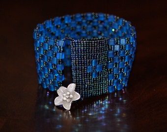 Handmade Blue Bead Woven Peyote style beaded bangle bracelet with Sterling Silver Flower clasp