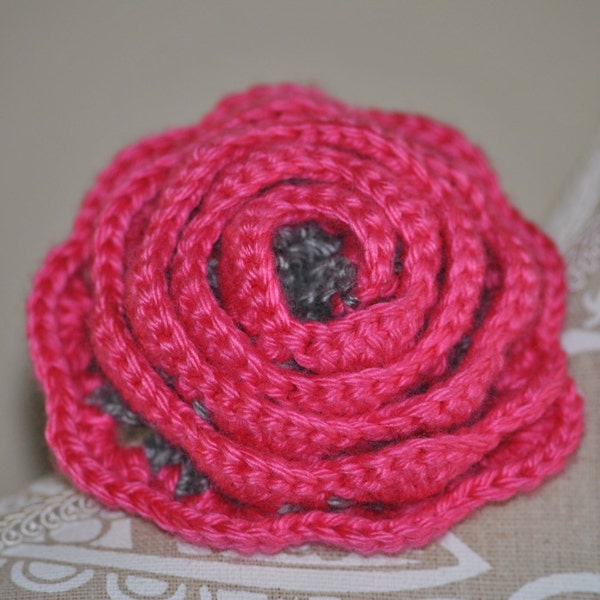 Hand made crocheted Big Rose Barrette Gray and Pink - 1 Barrette