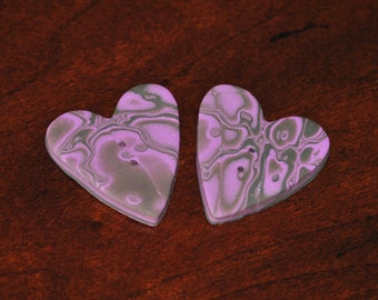 1 and 3/8 inch Large Heart Buttons - Set of 2 - Hand Made layered Mosaic Button - One of a Kind - Purple Gray Mokume Button -