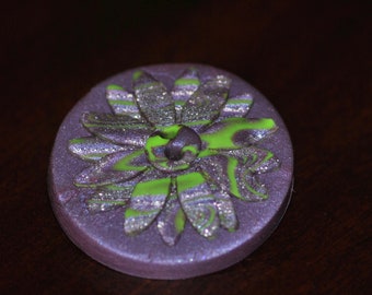 1 and 1/2 inch Galaxy Daisy 3D Flower Button - Purple with Green and Silver Swirled Button - Unique Button