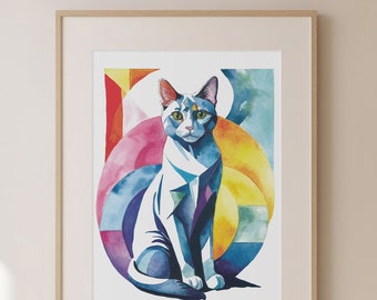 Colorful Cubist Cat Art Print, Original Art, Watercolor Fine Art Print, Giclee, Modern, Sitting Cat, Colorblock Art, Vibrant