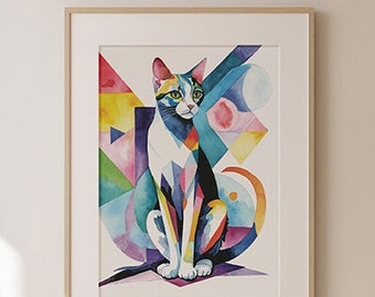 Cat Art Print, Colorful Original Art, Watercolor Fine Art Print, Giclee, Modern, Sitting Cat, Cubist