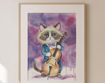 Cat Art Print, Cat Playing Bass, Cat Musician, Cat Lovers, Kitty Watercolor Fine Art Print, Bass Player, Upright Bass, Bass Fiddle