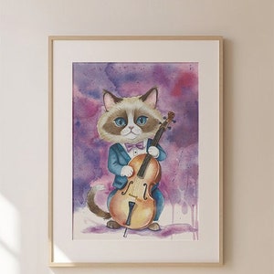 Cat Art Print, Cat Playing Bass, Cat Musician, Cat Lovers, Kitty Watercolor Fine Art Print, Bass Player, Upright Bass, Bass Fiddle image 1