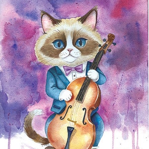 Cat Art Print, Cat Playing Bass, Cat Musician, Cat Lovers, Kitty Watercolor Fine Art Print, Bass Player, Upright Bass, Bass Fiddle image 2