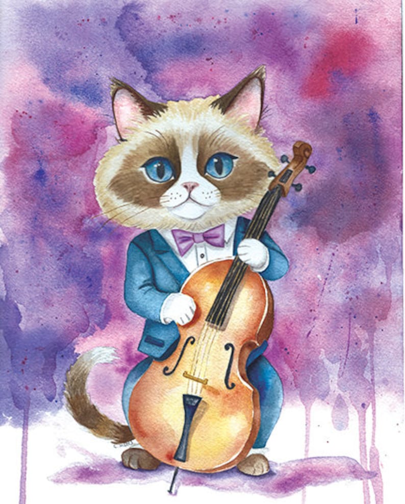 Cat Art Print, Cat Playing Bass, Cat Musician, Cat Lovers, Kitty Watercolor Fine Art Print, Bass Player, Upright Bass, Bass Fiddle image 2