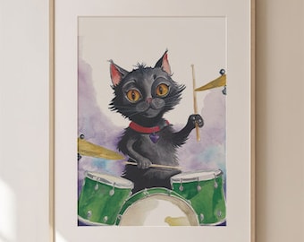 Cat Drummer Watercolor Print, Cat Playing Drums, Cat Musician, Cat Lovers, Kitty Watercolor Fine Art Print, Black Cat