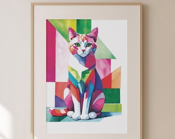 Modern Cat Art Print, Sitting Cat, Colorful Cat Art, Watercolor Fine Art Print, Giclee, Pink Cat Art, Original Art, Colorblock Art