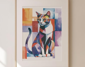 Colorful Watercolor Cat Art, Modern Cat Art Print, Fine Art Print, Giclee, Purple, Orange, Original Art, Colorblock Art