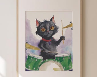 Cat Drummer Watercolor Print, Cat Playing Drums, Cat Musician, Cat Lovers, Kitty Watercolor Fine Art Print, Black Cat