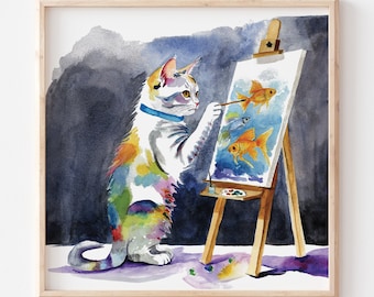 Cat Art Print, Cat Painting Fish, Cat Painter, Cat Lovers, Kitty Watercolor Fine Art Print