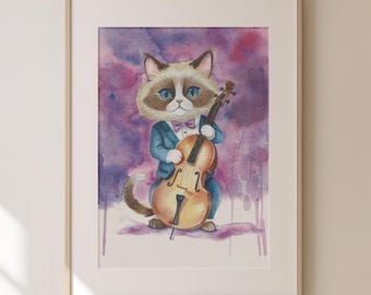 Cat Art Print, Cat Playing Bass, Cat Musician, Cat Lovers, Kitty Watercolor Fine Art Print, Bass Player, Upright Bass, Bass Fiddle