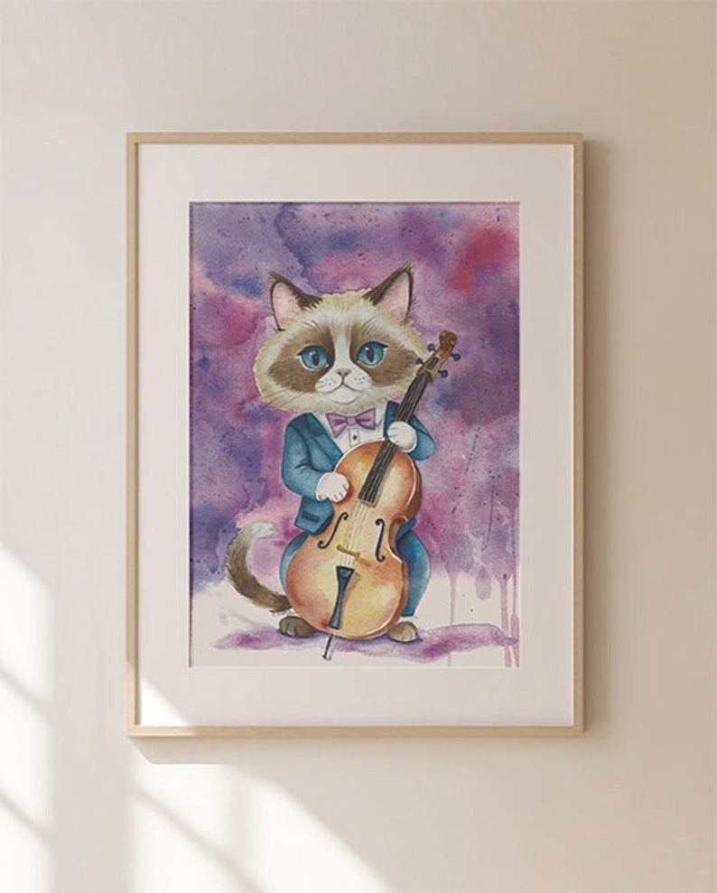 Cat Art Print, Cat Playing Bass, Cat Musician, Cat Lovers, Kitty Watercolor Fine Art Print, Bass Player, Upright Bass, Bass Fiddle image 1