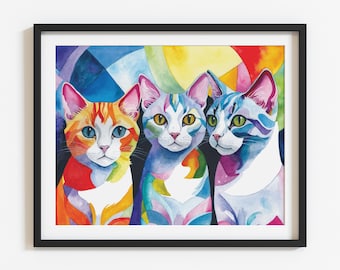 Cats Art Print, Three Cats, Colorful Cat Art, Cubist Kitty, Watercolor Fine Art Print, Giclee