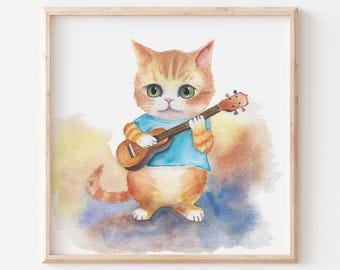 Cat Painting, Art Print, Cat Playing Ukulele, Cat Musician, Cat Lovers, Kitty Watercolor, Ukulele Player