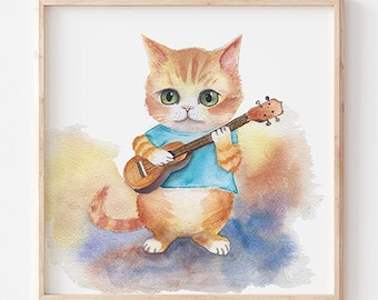 Cat Painting, Art Print, Cat Playing Ukulele, Cat Musician, Cat Lovers, Kitty Watercolor, Ukulele Player
