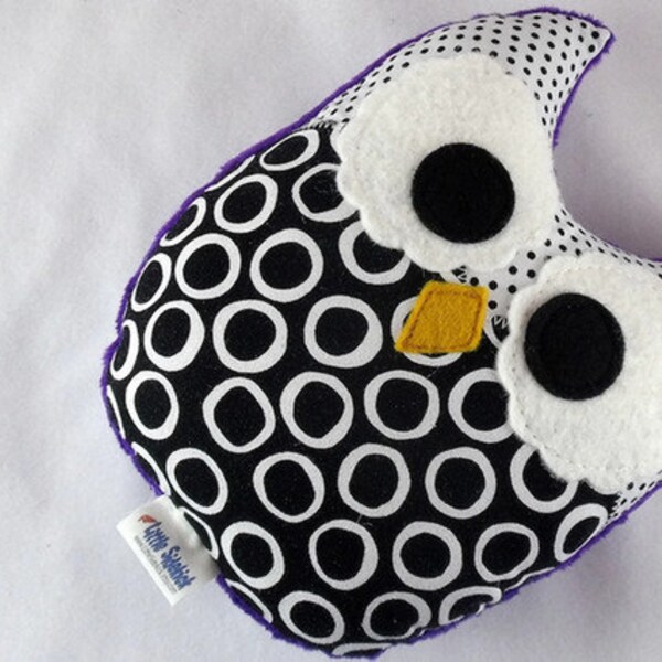 Owl Plush Baby Toy Minky Softie Mini Pillow Black White Polka Dots Purple