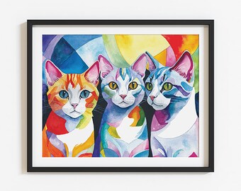 Cats Art Print, Three Cats, Colorful Cat Art, Cubist Kitty, Watercolor Fine Art Print, Giclee