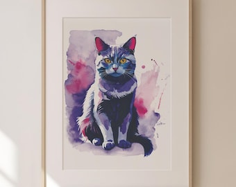 Cat Art Print, Colorful Cat Art, Watercolor Fine Art Print, Giclee, Purple Cat Art, Original Art