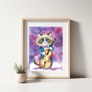 Cat Art Print, Cat Playing Bass, Cat Musician, Cat Lovers, Kitty Watercolor Fine Art Print, Bass Player, Upright Bass, Bass Fiddle image 5