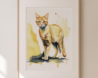Watercolor Cat Fine Art Print, Giclee, Yellow Cat Art, Original Art, Modern Cat Art, Gold