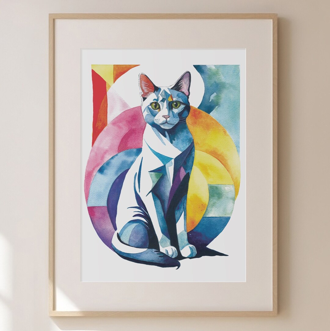 Colorful Cubist Cat Art Print, Original Art, Watercolor Fine Art Print ...