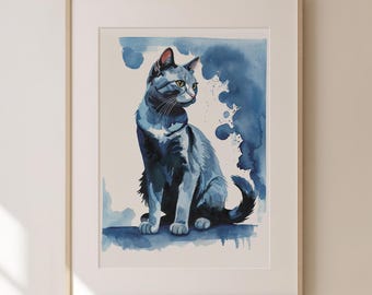 Modern Cat Art, Watercolor Fine Art Print, Giclee, Blue Cat Art, Original Art