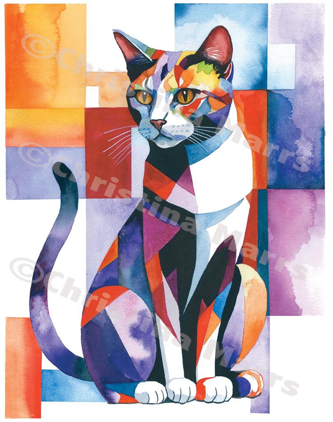 Colorful Watercolor Cat Art, Modern Cat Art Print, Fine Art Print ...