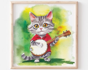 Cat Art, Cat Playing Banjo, Cat Musician, Cat Lovers, Kitty Watercolor Fine Art Print, Banjo Player