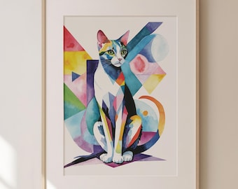 Cat Art Print, Colorful Original Art, Watercolor Fine Art Print, Giclee, Modern, Sitting Cat, Cubist