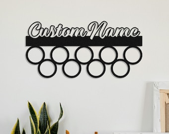 Percha para medallas con nombre personalizado, texto personalizado, 12 peldaños para medallas y cintas, expositor de medallas, porta medallas deportivas personalizado, expositor de premios
