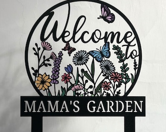 Metal Garden Sign, Custom Garden Name Sign, Flower Design Personalized Garden Sign, Flower with Stakes Garden Sign, Garden Gift, Lawn Sign