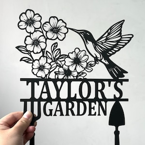 Custom Metal Hummingbird Garden Decor, Personalized Garden Sign, Flower with Stakes Garden Sign, Flower Design, Gardener Gift, Home Gift