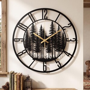 Pine Tree Metal Wall Clock: Modern Rustic Wall Decor, Forest Clock, Farmhouse Decor
